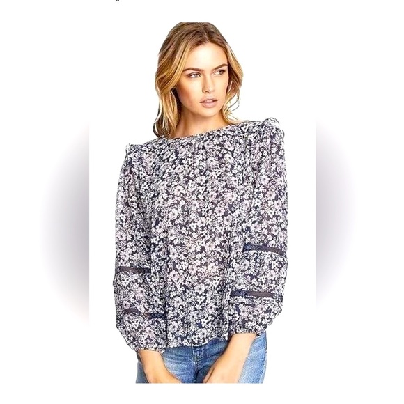 1. State Blue White Floral Pleated Ruffle Sheer Top Blouse Size Small - Picture 1 of 7